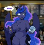  anthro barista big_breasts bodily_fluids breasts casual_nudity curvy_figure cutie_mark dialogue equid equine ethereal_hair feathered_wings feathers female friendship_is_magic genitals hasbro holding_object horn i_mean_breast_milk jewelry lidded_eyes looking_at_viewer mammal meme my_little_pony navel nipple_piercing nipples nude pencil_(object) piercing princess_luna_(mlp) public public_nudity pussy question redxbacon slightly_chubby solo speech_bubble standing starbucks sweat sweatdrop thick_thighs unamused unicorn_horn voluptuous winged_unicorn wings 