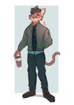  2019 absurd_res airpods anthro beverage bottomwear brown_body brown_fur brown_hair clothed clothing coffee_cup container countershade_face countershading cup domestic_cat dress_shirt eyewear falling felid feline felis footwear fully_clothed fur glasses hair hand_in_pocket hi_res male mammal motion_blur pants pockets shirt shoes solo sweater tan_body tan_fur topwear wrigley_(artist) wrigley_(character) 