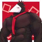  1:1 abs absurd_res avian biceps black_body black_feathers blush deltarune feathers hi_res male mask muscular muscular_male necktie pecs red_eyes robinmg_45 simple_background solo swatchling undertale_(series) video_games 