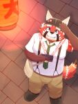  2021 3:4 ailurid anthro bottomwear camera clothing cute_fangs detailed_background fur hat headgear headwear hi_res humanoid_hands inugami1837 kemono lifewonders male mammal necktie pants red_body red_fur red_panda shirt slightly_chubby solo tokyo_afterschool_summoners topwear video_games zhurong_(tas) 