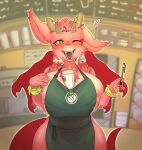  absurd_res anthro apron apron_only areola big_breasts blush bodily_fluids breasts clothed clothing digital_media_(artwork) dragon female fur furred_dragon greedyorb green_apron hi_res huge_breasts i_mean_breast_milk lactating looking_at_viewer meme milk mostly_nude nipples open_mouth smile solo wings 
