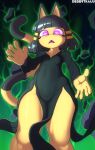  absurd_res animal_crossing ankh ankha_(animal_crossing) anthro breasts clothed clothing cosplay desertkaiju domestic_cat dress fangs felid feline felis female hi_res looking_at_viewer mammal nintendo one-punch_man one_(manga) pupils small_breasts solo symbol-shaped_pupils tatsumaki unusual_pupils video_games yellow_body 