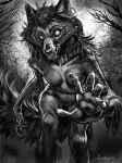  2021 amenlona anthro areola breasts canid canine claws digital_media_(artwork) female fur hair hi_res looking_at_viewer mammal monochrome nipples open_mouth solo teeth tongue 
