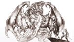  2009 chaos-draco claws dragon feral group hi_res horn knight membrane_(anatomy) membranous_wings open_mouth scales scalie spines teeth tongue traditional_media_(artwork) trio warrior western_dragon wings 