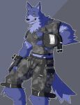  anthro belt blue_body blue_fur bottomwear bulge camo camo_bottomwear camo_clothing camo_pants camo_print camo_topwear camo_vest canid canine canis claws clothed clothing countershading finger_claws fingerless_gloves fleshformomo fully_clothed fur gesture gloves handwear hi_res jayden_(fleshformomo) male mammal midriff muscular muscular_anthro muscular_male nipple_outline one_eye_closed pants pattern_bottomwear pattern_clothing pattern_pants pattern_topwear pattern_vest pecs pose simple_background sleeveless smile solo teeth topwear v_sign vest wink wolf 