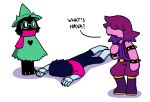  3_toes anthro barefoot bovid caprine clothing deltarune dialogue english_text eyewear feet female glasses goat group hair hat headgear headwear hi_res human humor kris_(deltarune) ligma male mammal mijumewandco pink_hair ralsei robe simple_background susie_(deltarune) text toes undertale_(series) video_games white_background wizard_hat 