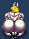  2018 3:4 anthro asgore_dreemurr back_muscles backsack balls beard bedroom_eyes big_butt blonde_hair blue_background boss_monster bovid bubble_butt butt butt_focus caprine facial_hair feet fur genitals hair hi_res horn looking_back male mammal mature_male muscular muscular_male narrowed_eyes overweight overweight_male perineum rear_view seductive shadow signature simple_background solo titscmyk tongue tongue_out undertale undertale_(series) video_games white_body white_fur 