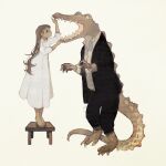  1:1 anthro biped brown_hair clothing crocodile crocodilian crocodylid dress duo fangs female hair human looking_into_mouth male mammal open_mouth reptile rt0no scalie simple_background suit tiptoes white_background white_clothing white_dress 