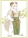  anthro apron bovid brush bulge caprine clothing dragon eyes_closed fur goat hi_res horn hybrid kulplant lingguang male mammal paintbrush shirt smile solo topwear white_body white_fur 