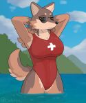  2021 5:6 absurd_res anthro big_breasts black_sclera breasts brown_body brown_fur canid canine canis clothing coyote detailed_background digital_drawing_(artwork) digital_media_(artwork) eyewear female fur hi_res inner_ear_fluff lake looking_at_viewer mammal one-piece_swimsuit orange_eyes outside partially_submerged red_clothing solo sunglasses swimwear tuft water wet whitev 