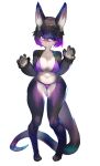  4_toes 5_fingers absurd_res anthro bikini biped black_hair claws clothing feet female fingers hair hi_res looking_at_viewer navel paws purple_bikini purple_clothing purple_eyes purple_swimwear simple_background smile solo swimwear toes utterangle white_background 
