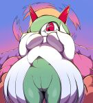  big_breasts bottomless breasts clothed clothing covering covering_breasts dynamax female genitals greepurl hair hair_over_eye hi_res huge_breasts humanoid kirlia looking_down low-angle_view nintendo not_furry one_eye_obstructed pok&eacute;mon pok&eacute;mon_(species) pussy solo video_games 