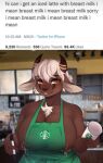  absurd_res anthro apron apron_only areola barista big_breasts blush bodily_fluids bovid breasts caprine clothing delki digital_media_(artwork) english_text female fingers goat green_apron hair hi_res horn i_mean_breast_milk lactating lactating_through_clothing mammal meme mostly_nude nipples piercing scar shaded short_hair smile solo starbucks text tuft wet wet_clothing white_hair 