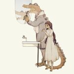  1:1 anthro biped brown_hair brush brushing brushing_teeth clothed clothing crocodile crocodilian crocodylid dress duo fangs female hair human male mammal mirror reflection reptile rt0no scales scalie simple_background tiptoes toothbrush towel water white_background white_clothing white_dress yellow_body yellow_scales 