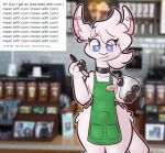  anthro apron apron_only bulge camelid clothed clothing container cup ear_piercing english_text erection erection_under_clothing front_view girly green_apron hi_res i_mean_breast_milk leo_(leo_llama) leo_llama llama looking_at_viewer male mammal meme mostly_nude nonbinary_(lore) piercing solo standing starbucks tenting text wide_hips 