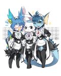  4:5 anthro anthrofied avian beak bird black_eyes blue_body blue_hair clothed clothing cute_fangs dorsal_fin dress eeveelution fangs feathers female fin gem group group_picture hair hi_res kazie-ru lagomorph legwear leporid looking_at_viewer maid_apron maid_headdress maid_uniform mammal nintendo open_mouth perico pok&eacute;mon pok&eacute;mon_(species) pok&eacute;morph rabbit red_eyes ruka_vaporeon shy simple_background thigh_highs trio uniform vaporeon video_games white_body yellow_eyes zuekrz 