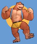  2021 abs anthro banjo-kazooie banjo_(banjo-kazooie) belt big_muscles blue_background bottomwear clothed clothing eyes_closed fur jrjresq male mammal muscular muscular_anthro muscular_male navel open_mouth pecs rareware shorts simple_background solo standing straps topless topless_male tuft ursid video_games yellow_background 
