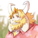  1:1 anthro asgore_dreemurr beard blonde_hair boss_monster bovid bust_portrait caprine clothed clothing crown eyebrows facial_hair floral_print hair horn leaf male mammal pink_clothing pink_shirt pink_topwear portrait rossciaco shirt solo topwear undertale undertale_(series) video_games white_body 