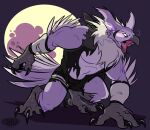  2020 abs anthro avian beak biceps bird claws clothed clothing feathers full_moon glowing glowing_eyes male moon muscular muscular_anthro muscular_male open_mouth owl pecs purple_body purple_feathers quads skdaffle solo talons tongue torn_clothing were wereavian wereowl white_body white_feathers 