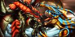  2008 ambiguous_gender capcom chaos-draco day detailed_background digital_media_(artwork) duo feral flying_wyvern monster_hunter open_mouth outside rath_wyvern rathalos scales sky teeth tigrex tongue video_games 