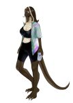  absurd_res anthro beverage bottomwear brown_body claws clothing energy_drink female hair hi_res milin multicolored_hair reptile scalie shorts snake solo standing tongue tongue_out topwear two_tone_hair 