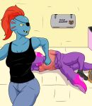  anthro background_text bathroom beat_up bottomwear butt canid canine canis chubby_male cj_(watersucc) clothing denim denim_clothing domestic_dog duo female fish hi_res husky jeans lying male male/female mammal marine muscular muscular_female nordic_sled_dog on_side pants shirt spitz tank_top topwear undertale undertale_(series) undyne video_games walking_away watersucc 
