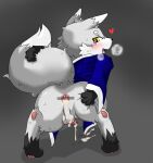  &lt;3 anthro anus backsack balls blush bodily_fluids bottomless breath butt canid canine canis cheek_tuft clothed clothing cum cum_in_ass cum_inside cum_on_balls facial_tuft fur gaping genital_fluids genitals grey_body grey_fur holding_tail kemono koishi_chikasa looking_at_viewer looking_back looking_pleasured male mammal panting pawpads penis presenting presenting_anus presenting_hindquarters simple_background solo sweat tuft wolf yellow_eyes 