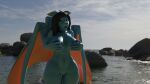  16:9 3d_(artwork) 3dspade_(artist) 4k absurd_res anthro beach black_hair blep blue_body blue_scales breast_grab breasts digital_media_(artwork) dragon female genitals haavex haavex_(artist) hair hand_on_breast happy hi_res multi_wing outside pussy scales seaside smile solo standing tongue tongue_out widescreen wings 