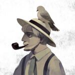  1:1 ambiguous_gender avian beard bird clothed clothing columbid dove duo eyes_closed facial_hair feathers feral grey_body grey_feathers hair hat headgear headwear hi_res human male mammal necktie rt0no shirt simple_background smoking_pipe suspenders topwear white_hair 
