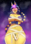  animal_crossing ankha_(animal_crossing) ankha_zone anthro bandage big_breasts biped breasts cat_tail crossed_arms dearonnus domestic_cat felid feline felis female frown genitals glowing glowing_eyes hi_res looking_at_viewer looking_down mammal meme nintendo nipples pubes pussy solo standing thick_thighs video_games 
