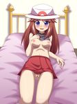  alternate_costume anus bed blue_(pokemon) blue_eyes blush breasts brown_hair hat highres long_hair lying medium_breasts midriff nintendo nipples no_panties open_mouth pleated_skirt pokemon pokemon_special pussy shirt shirt_lift skirt smile solo takappe 