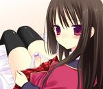  bad_id bad_pixiv_id black_legwear blush brown_hair eyebrows_visible_through_hair futanari long_hair makita_maki original panties penis penis_in_panties red_eyes skirt skirt_lift solo thighhighs tsurime underwear 