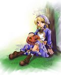  ahoge artist_request blonde_hair bonnet braid dorothy_(over_zenith) over_zenith pumpkin sitting solo twin_braids 