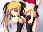  blonde_hair breasts erio_mondial fate_testarossa hanging_breasts large_breasts lyrical_nanoha mahou_shoujo_lyrical_nanoha_strikers one_eye_closed open_mouth sex solo_focus thighhighs 