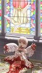  ahoge angel blood church collar dreamrabbit feathers guro open_mouth organs ribbon smile tears twin_braids white_hair wings 