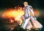  artist_request blonde_hair cape cowboy_shot emblem fire flame gloves long_sleeves looking_at_viewer male_focus military military_uniform over_zenith solo standing uniform vitis white_gloves 