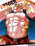  1boshi 2018 abs anthro clothed clothing digital_media_(artwork) feline fur low_res male mammal muscular muscular_male open_shirt pantherine pecs tiger 