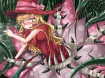  aqua_eyes atlus blonde_hair blood depth_bomb fangs flower forest guro hat long_hair monster nature open_mouth pain plant ribbon sekaiju_no_meikyuu shimo_(depthbomb) tears tentacle thorns vore wet witch witch_hat 