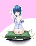  amputee blue_eyes blue_hair breasts panties pillow quadruple_amputee shirt sitting stain underwear 