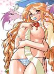  animal_ears blush breasts breath_of_fire breath_of_fire_iii bunny_ears condom condom_in_mouth dr.p glasses hat large_breasts long_hair momo_(breath_of_fire) mouth_hold orange_hair panties red_eyes ribbon smile solo striped striped_panties twintails underwear wide_hips 