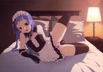  bangs bare_shoulders bed blue_hair blunt_bangs blush elbow_gloves flat_chest frills gloves highres hime_cut kannagi lying maid masturbation nagi open_mouth pubic_hair purple_eyes pussy solo spread_legs thighhighs third-party_edit uncensored zettai_ryouiki 