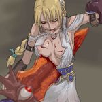  1girl blade blonde_hair blood braid braids capcom_guro_guy cuts dress guro huge_weapon impaled injury lowres sophitia_alexandra soul_calibur soul_edge soul_edge_(weapon) soulcalibur_iv stabbed sweat sword weapon 