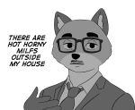  absurd_res anthro black_and_white canid canine clothing english_text eyewear facial_hair fox glasses hi_res mammal meme meme_clothing monochrome mustache robert_downey_jr solo stuff_(character) suit tagme text toonarscontent 
