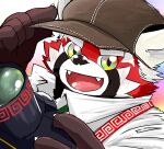  2021 ailurid anthro biped black_nose camera clothing cute_fangs fur hat headgear headwear hi_res humanoid_hands kemono kogiinu lifewonders mammal portrait red_body red_fur red_panda shirt simple_background solo tokyo_afterschool_summoners topwear video_games zhurong_(tas) 