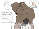  2021 anthro belly black_nose blush bodily_fluids brown_body brown_fur bulge clothed clothing duo english_text erection erection_under_clothing fur genital_fluids hi_res humanoid_hands kemono male mammal moobs navel nipples overweight overweight_male precum profanity text ursid whitebeast20 