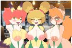  absurd_res animal_crossing anthro apron apron_only areola big_breasts blush braixen breasts canid canine clothing dialogue female group hair hi_res i_mean_breast_milk isabelle_(animal_crossing) jhenightfox mammal meme mostly_nude nintendo nipples pok&eacute;mon pok&eacute;mon_(species) red_hair take_your_pick trio video_games 