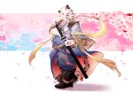 2021 anthro biped cherry_blossom cherry_tree clothed clothing felid fruit_tree fur hi_res humanoid_hands kemono male mammal pantherine plant slightly_chubby solo tiger tree weapon white_body white_fur yimingsama 