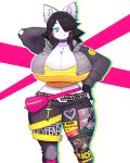  &lt;3 absurd_res anthro arm_by_side arms_bent big_breasts black_hair blue_eyes blush blush_stickers bottomwear breasts canid canine canis cleavage clothed clothing death_grips domestic_dog ear_piercing exmilitary fanny_pack female hair hair_over_eye heart_bottomwear heart_clothing heart_pants heart_print hi_res huge_breasts london_calling looking_at_viewer maggie_applebee mammal midriff one_eye_obstructed open_clothing open_topwear pants piercing print_bottomwear print_clothing print_pants raised_arm red_cheeks sex_pistols shirt short_hair short_tail simple_background smile solo standing straight_legs t-shirt text text_on_clothing the_clash theycallhimcake thick_thighs topwear video_games wide_hips 