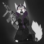  1:1 2020 5_fingers angry anthro black_nose braided_hair canid canine canis clothed clothing digital_media_(artwork) fingers fur gun hair holding_gun holding_object holding_weapon kai_(blehhello) kai_(disambiguation) looking_at_viewer male mammal neylatl open_mouth purple_hair ranged_weapon scar-l teeth tongue weapon white_body white_fur wolf 