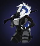  2020 5_fingers anthro blue_body blue_fur breasts canid canine canis clothed clothing digital_media_(artwork) domestic_dog female fingers fur gun hair holding_gun holding_object holding_weapon lycanroc mammal midnight_lycanroc neylatl nintendo pok&eacute;mon pok&eacute;mon_(species) ranged_weapon shiny_pok&eacute;mon solo video_games weapon white_body white_fur white_hair 